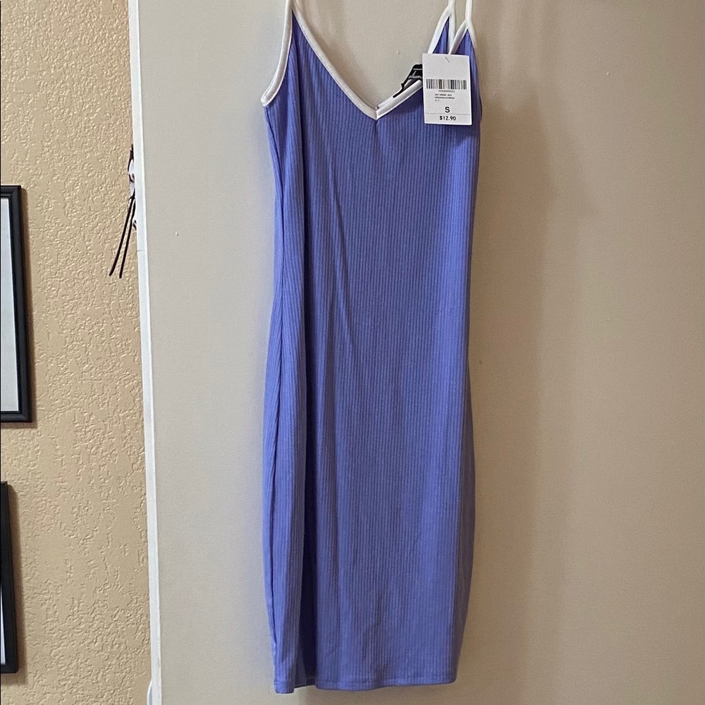 Periwinkle with white mini dress.